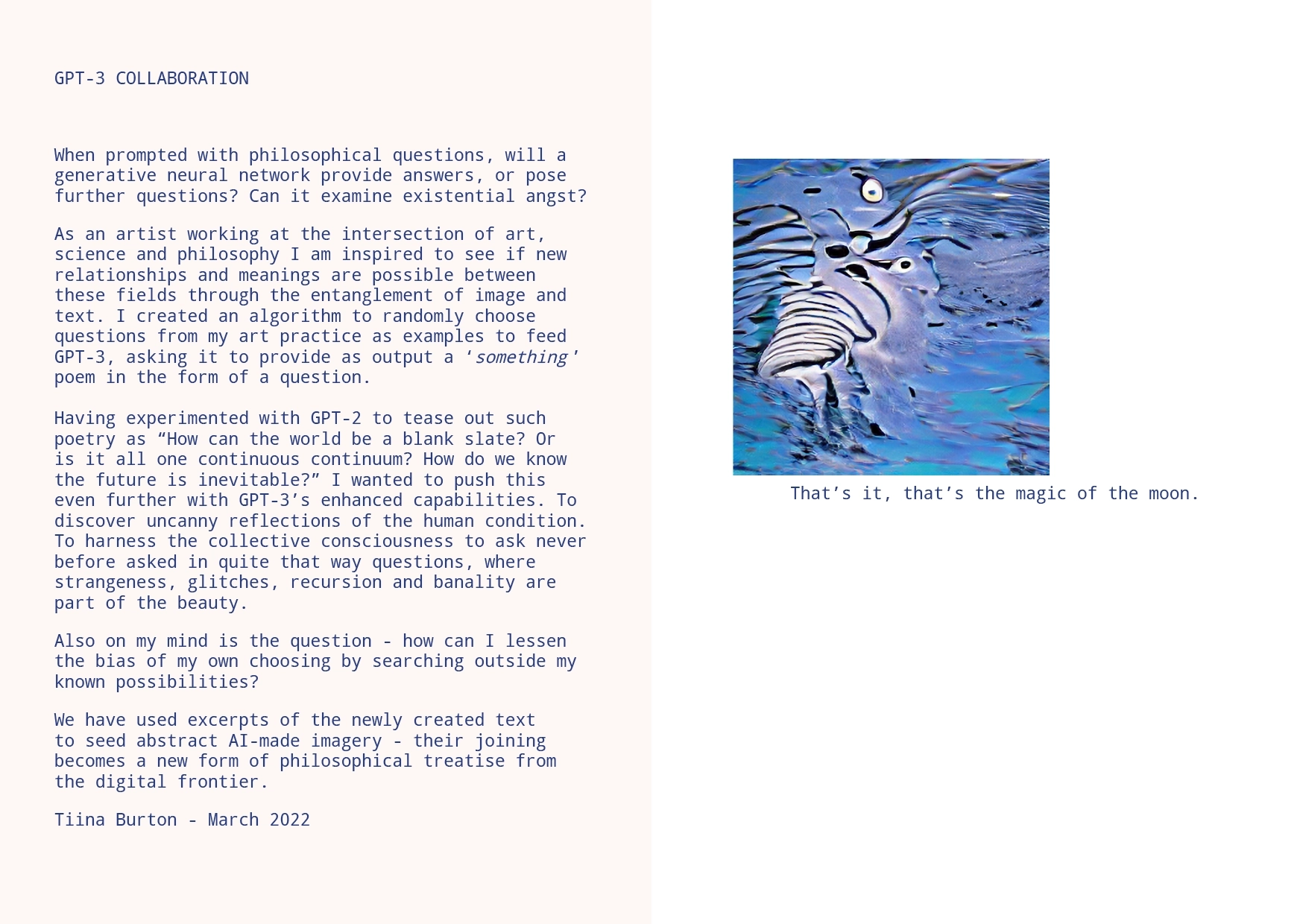 A wavy blue an green abstract image, with the text 'That's it, that's the magic of the moon'.