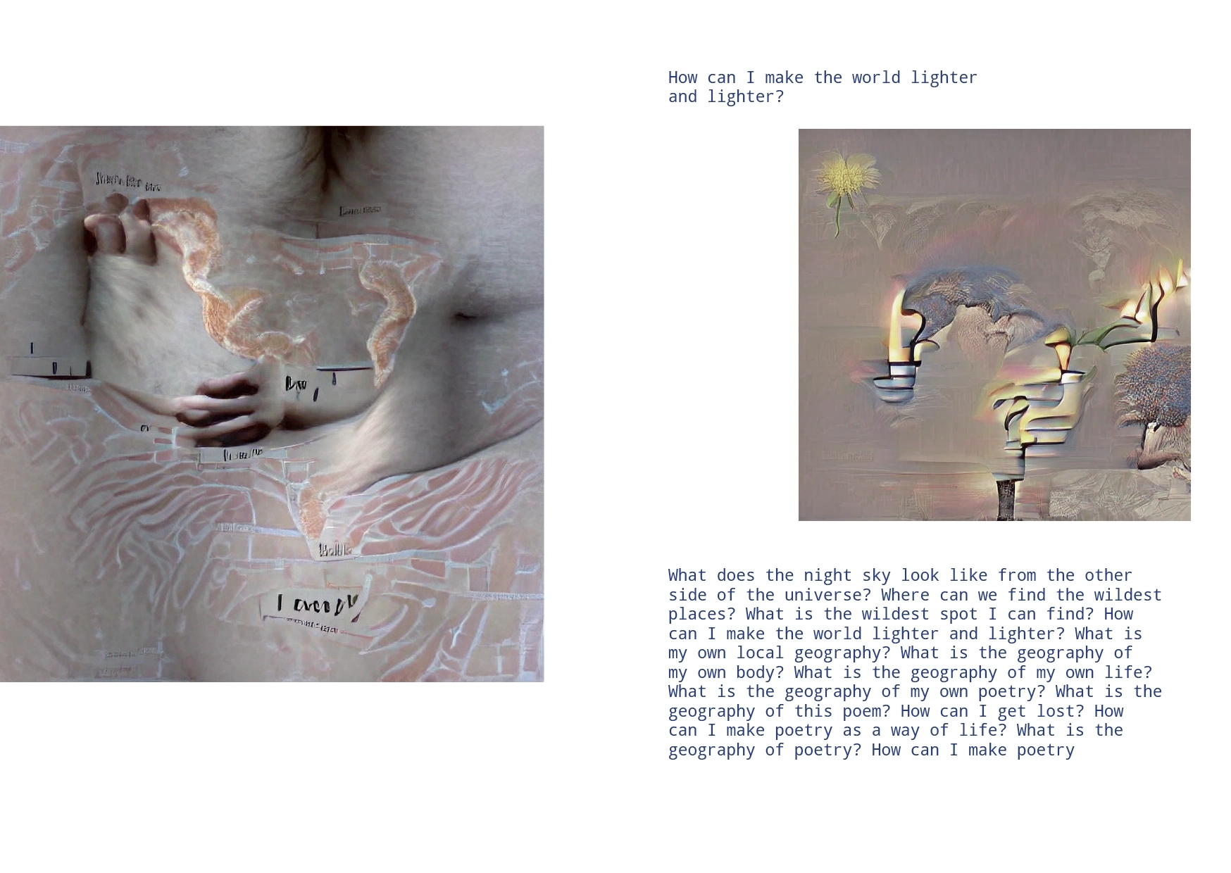 Two abstract images with soft colours. A poem - How can I make the world lighter and lighter?