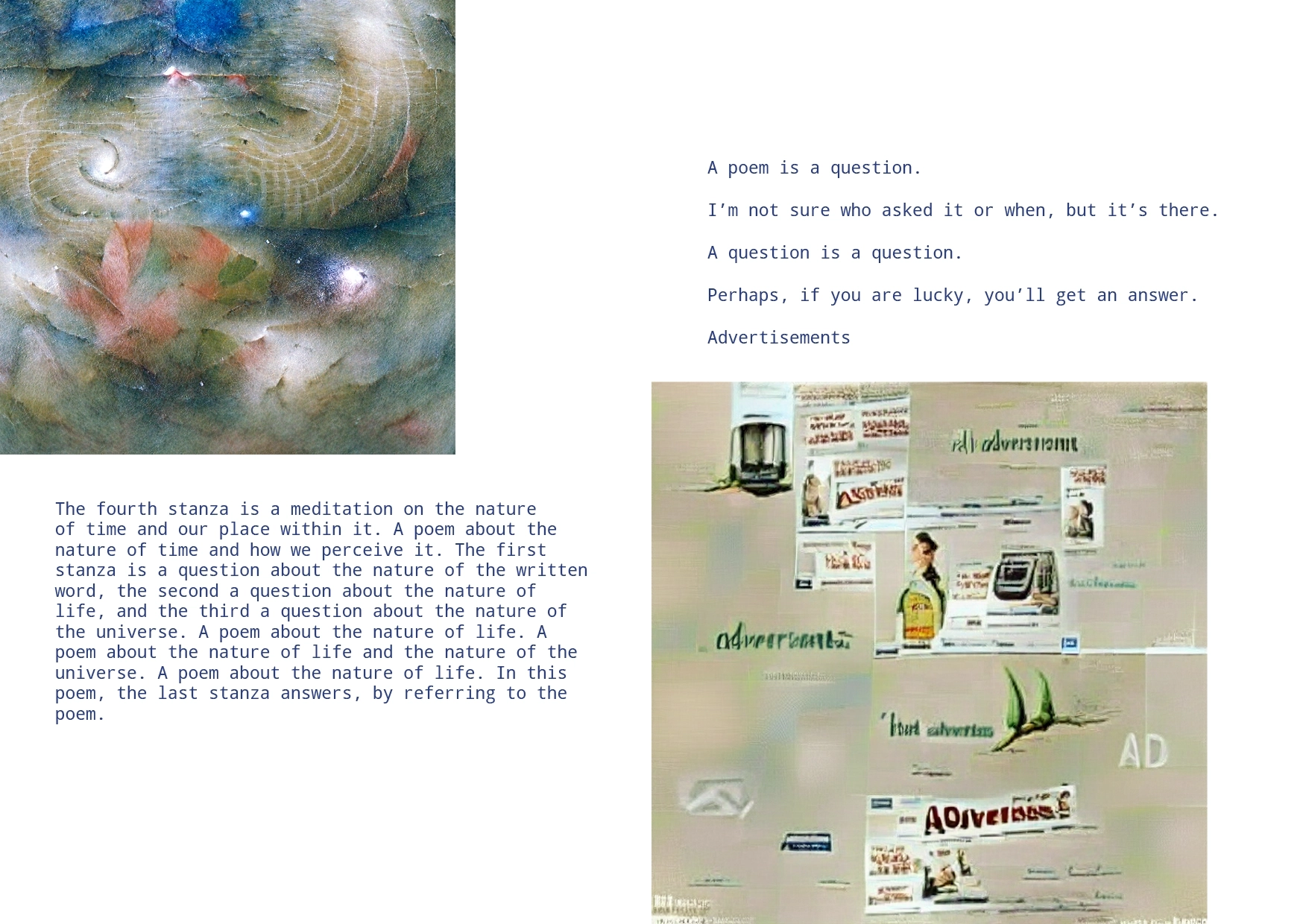 Two soft images which are abstract blues and greens. A poem about the nature of time and how we perceive it.