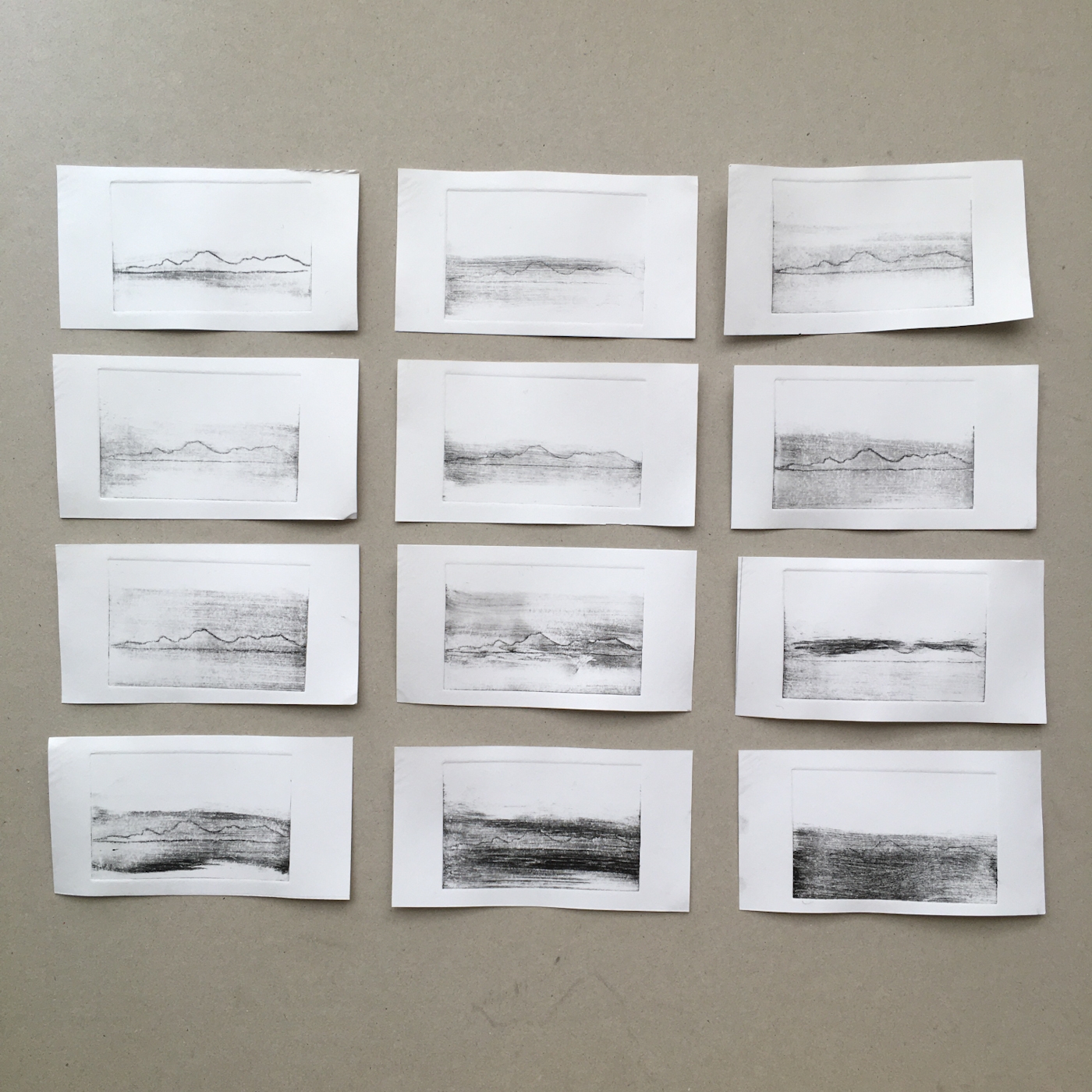 Test drypoint prints from same plate